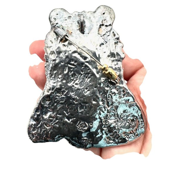 Vintage Artisan GW Two Tone Sterling Silver Bear Salmon Pin Pendant Isreal - Picture 3 of 5